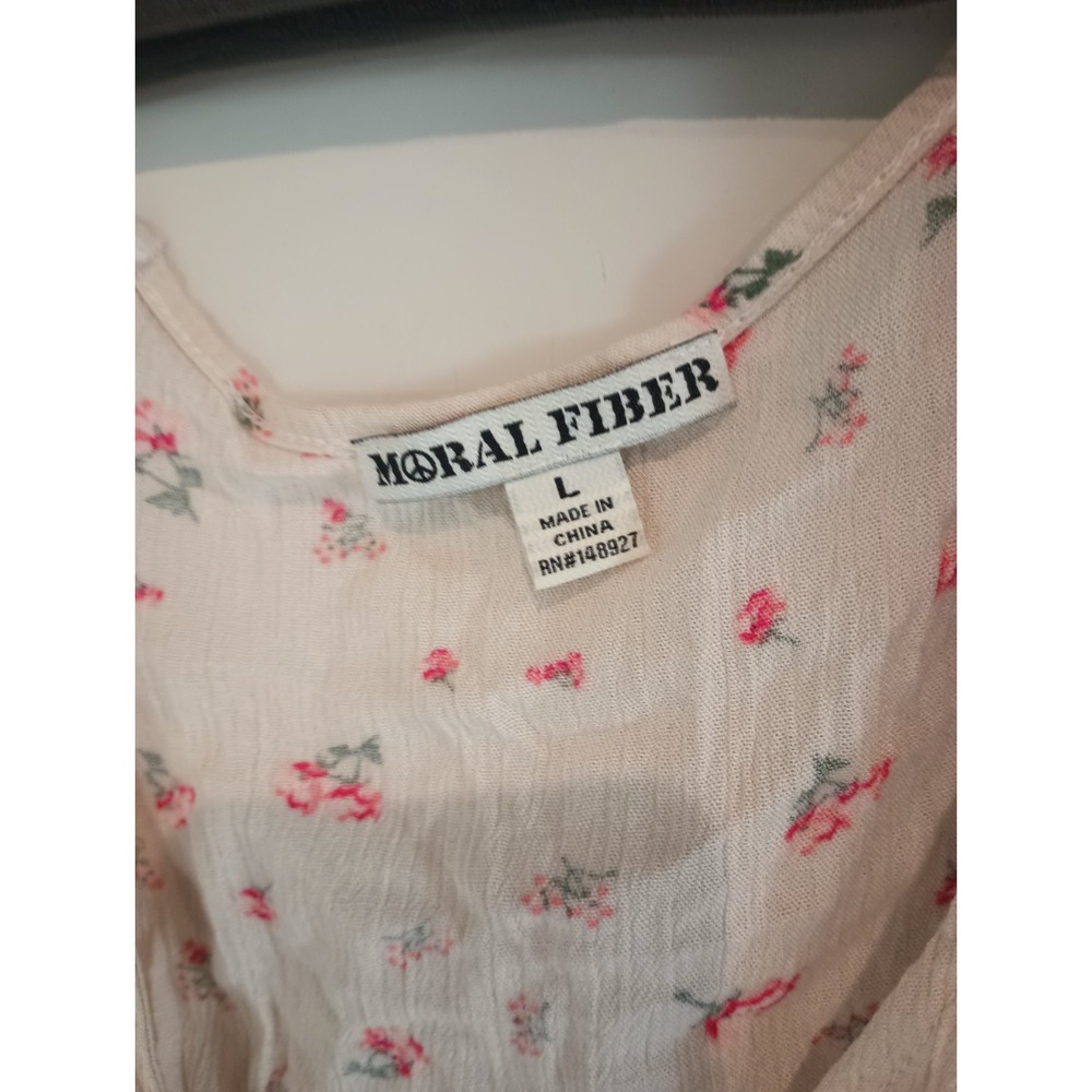 Moral Fiber Womens Large Floral Peplum Top Cream Pink Smocked Waist Button Up L - Picture 2 of 6